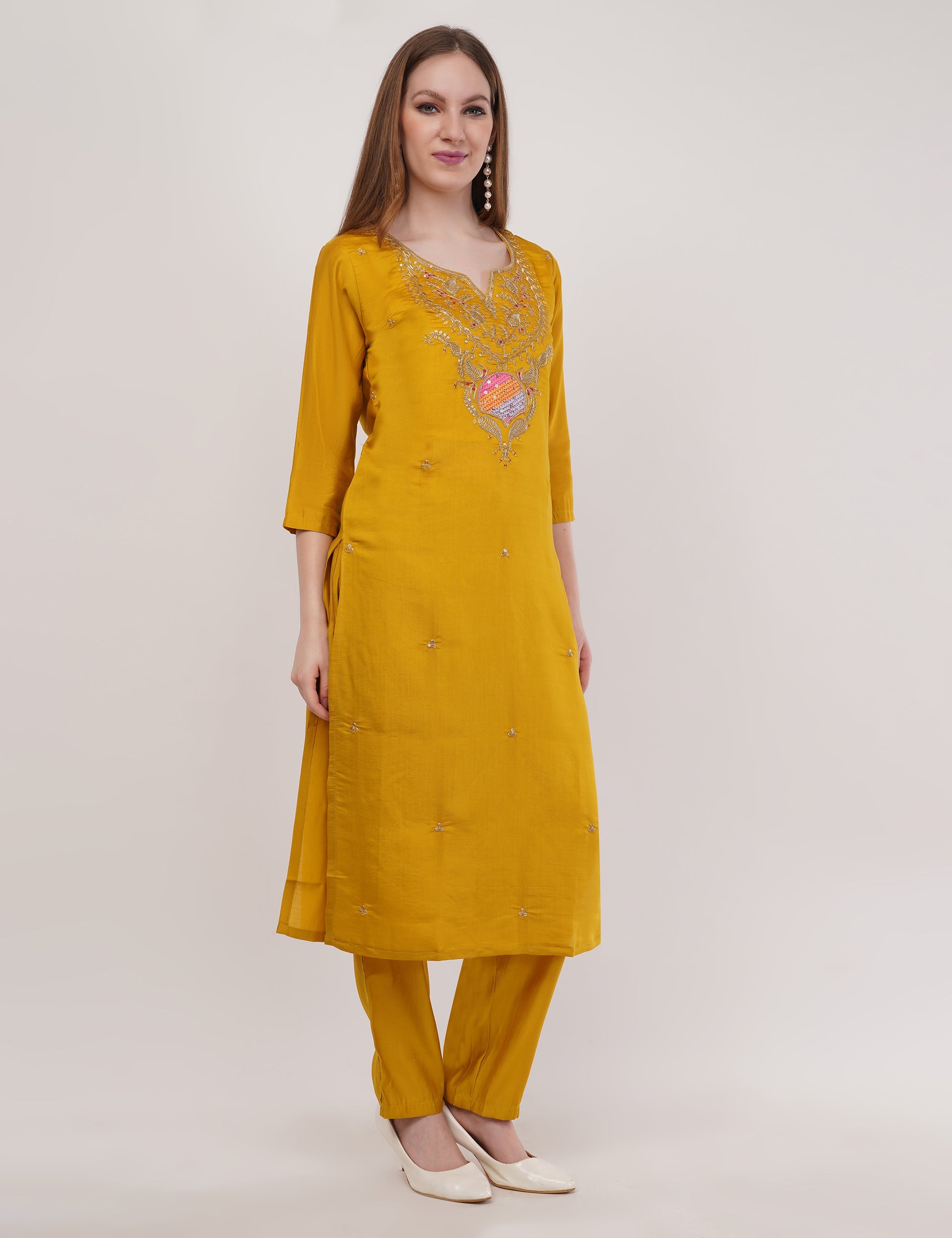 Mustard Viscose With Printed Dupatta Embellished Yoke - Set Of 3