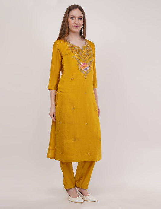 Mustard Viscose With Printed Dupatta Embellished Yoke - Set Of 3