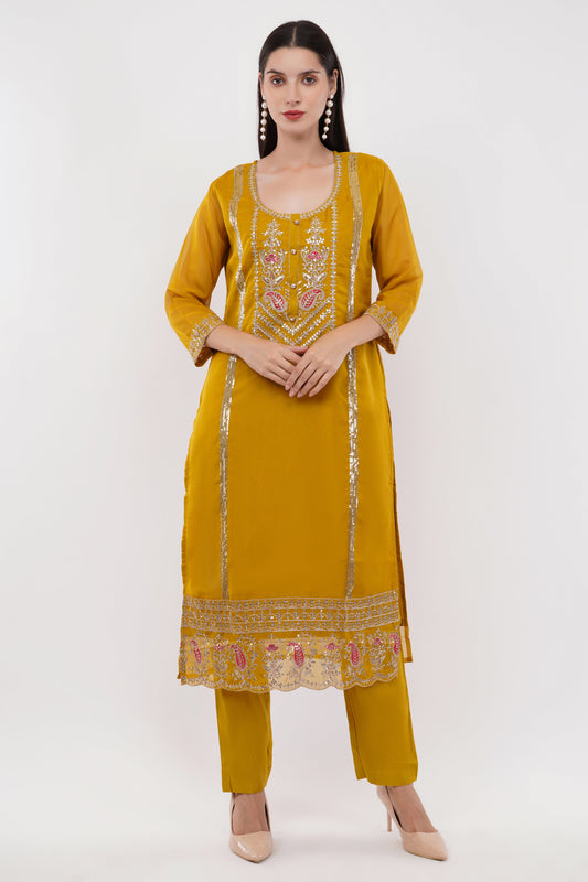 Mustard Embroidered Suit Set - Set Of 3