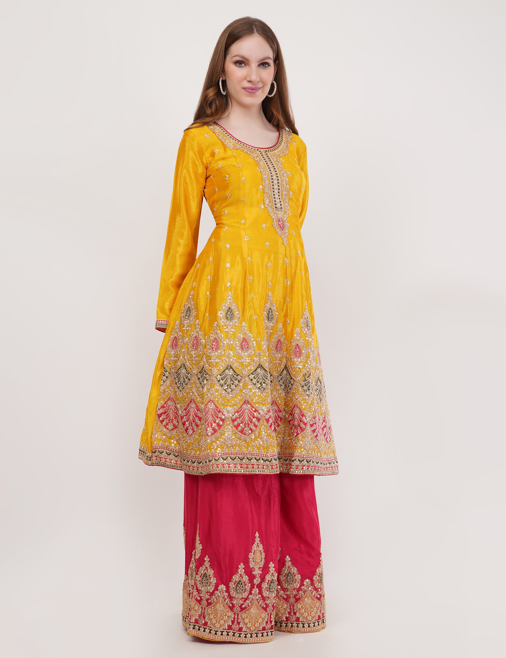 Mustard Embroidered Suit With Flared Pants & Dupatta - Set Of 3