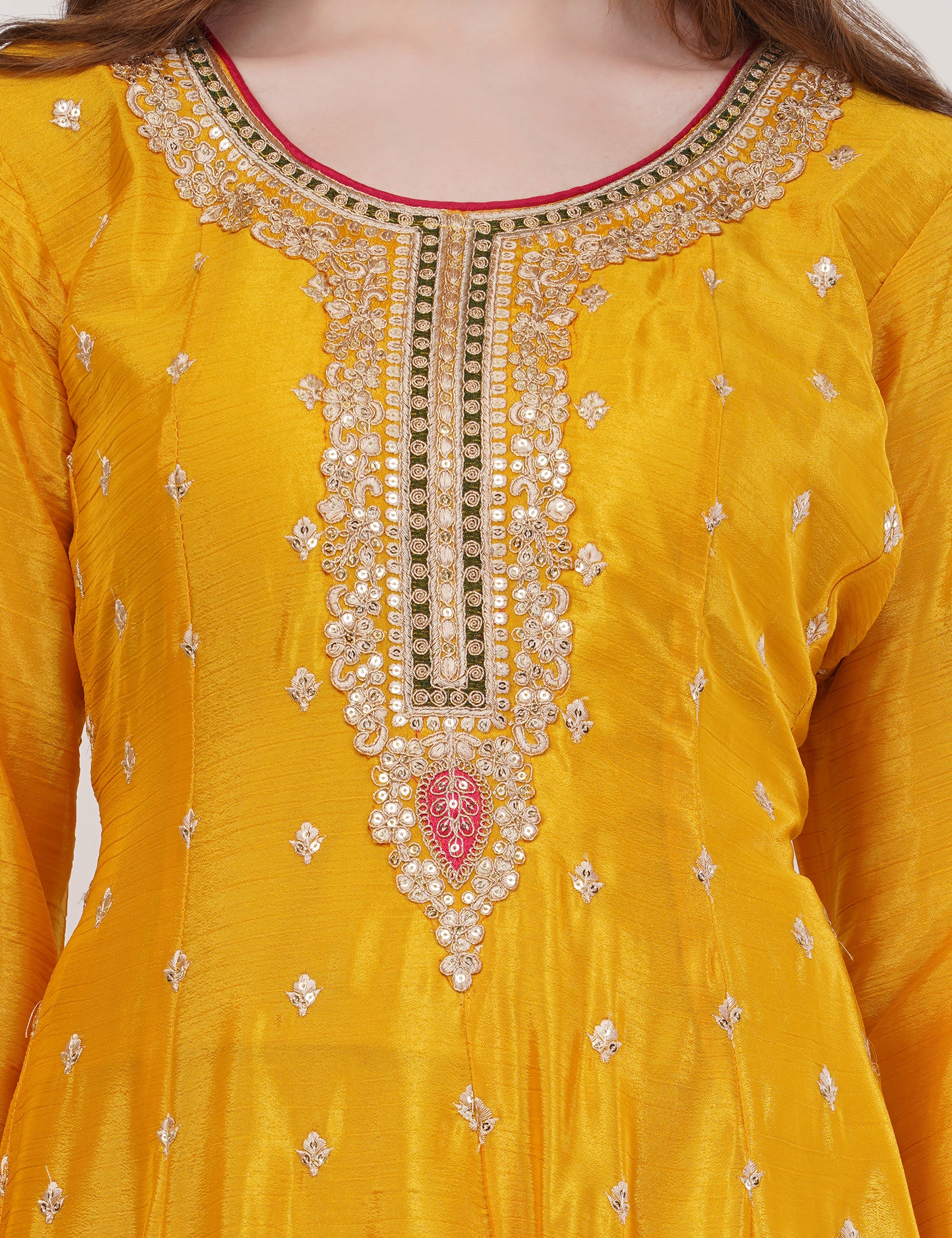 Mustard Embroidered Suit With Flared Pants & Dupatta - Set Of 3