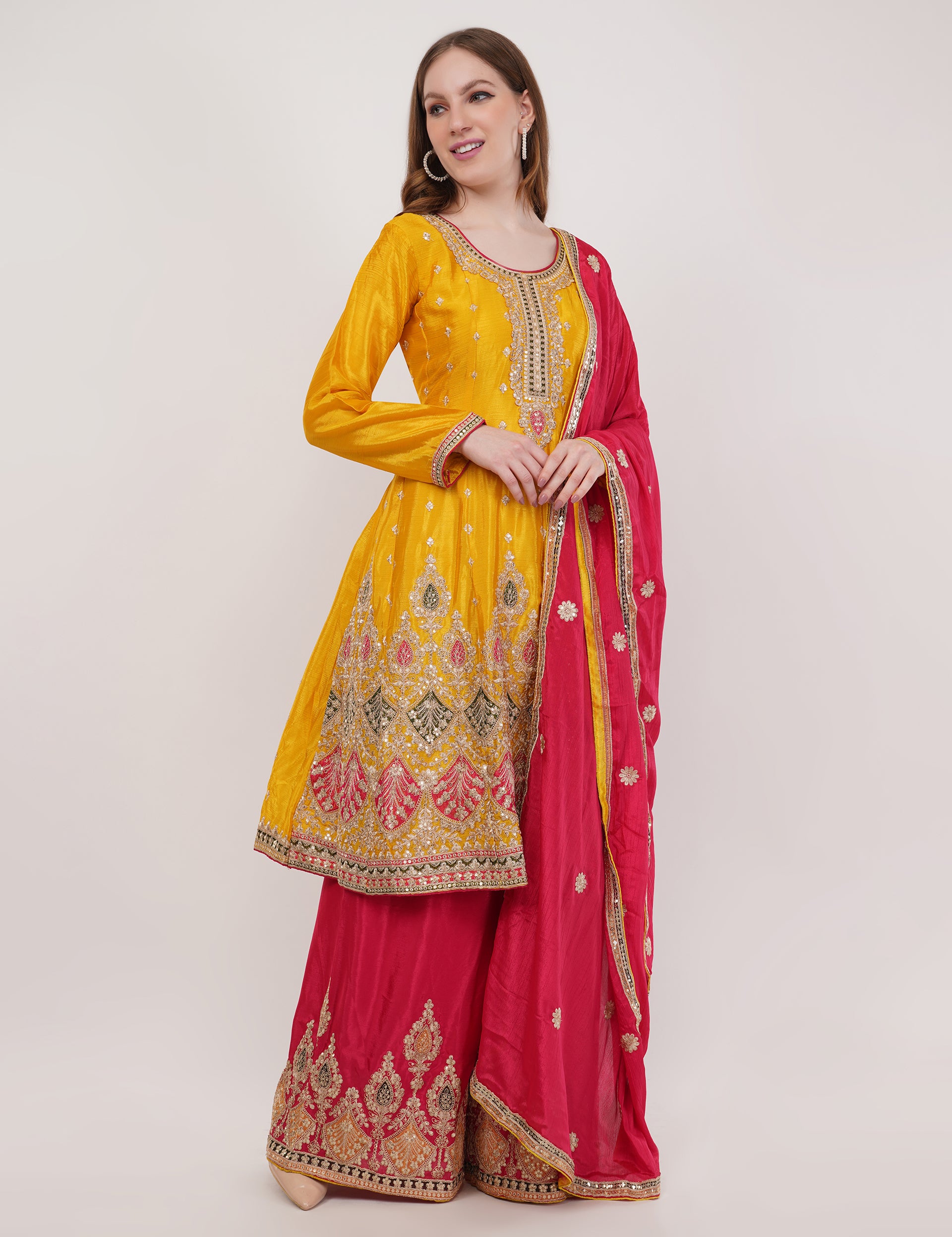 Mustard Embroidered Suit With Flared Pants & Dupatta - Set Of 3