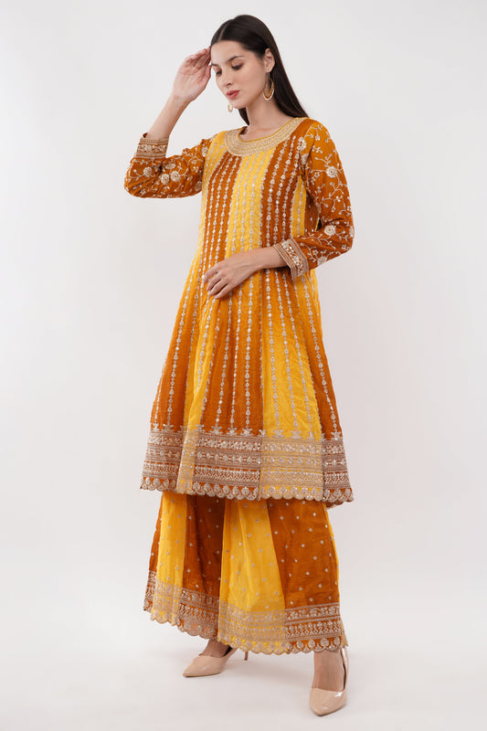 Mustard Chinon Fabric Embroidered Suit With Flared Pants & Dupatta - Set Of 3
