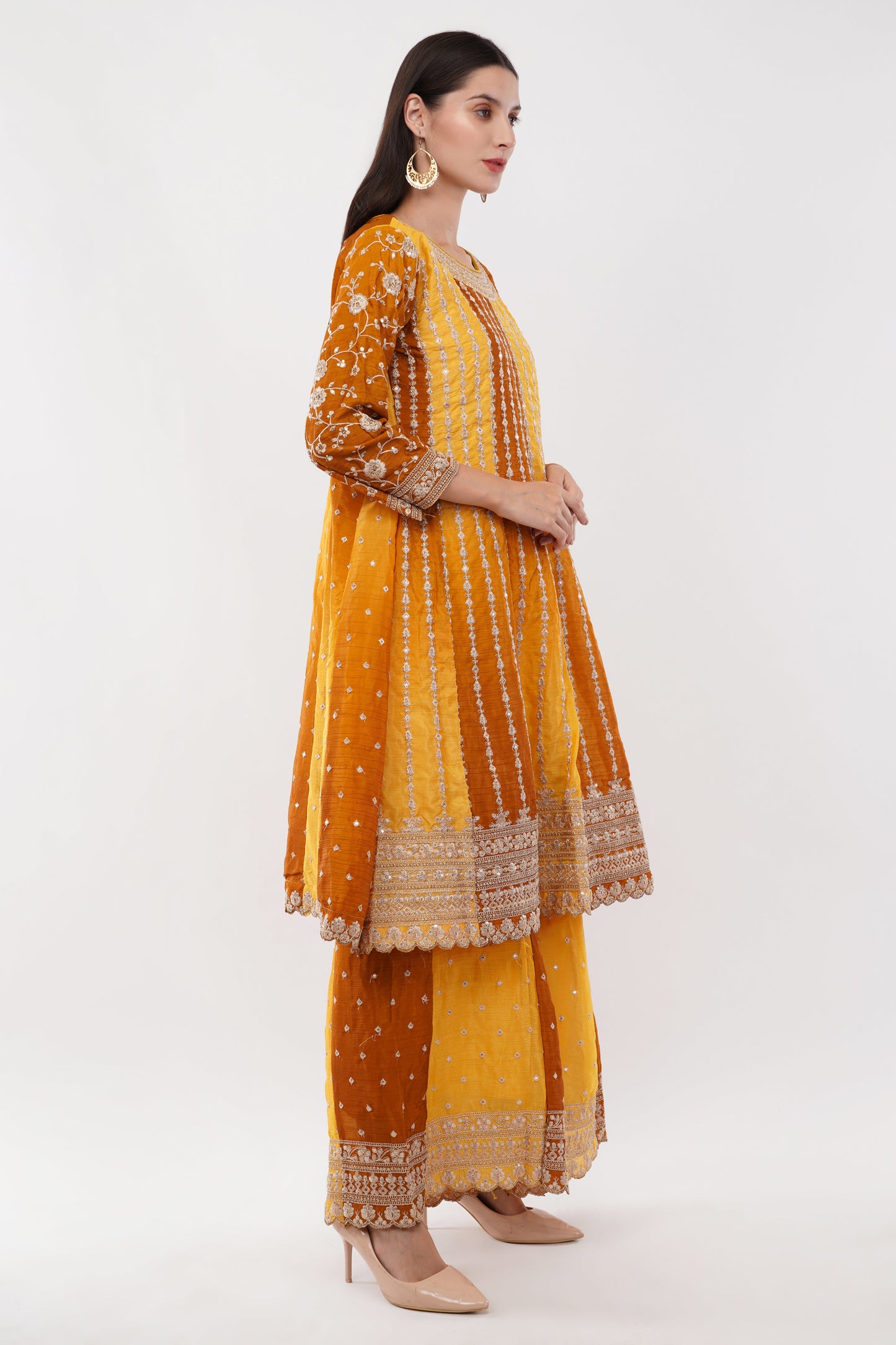 Mustard Chinon Fabric Embroidered Suit With Flared Pants & Dupatta - Set Of 3