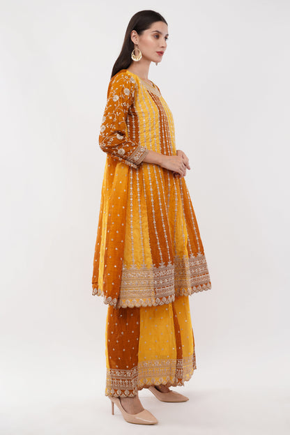 Mustard Chinon Fabric Embroidered Suit With Flared Pants & Dupatta - Set Of 3