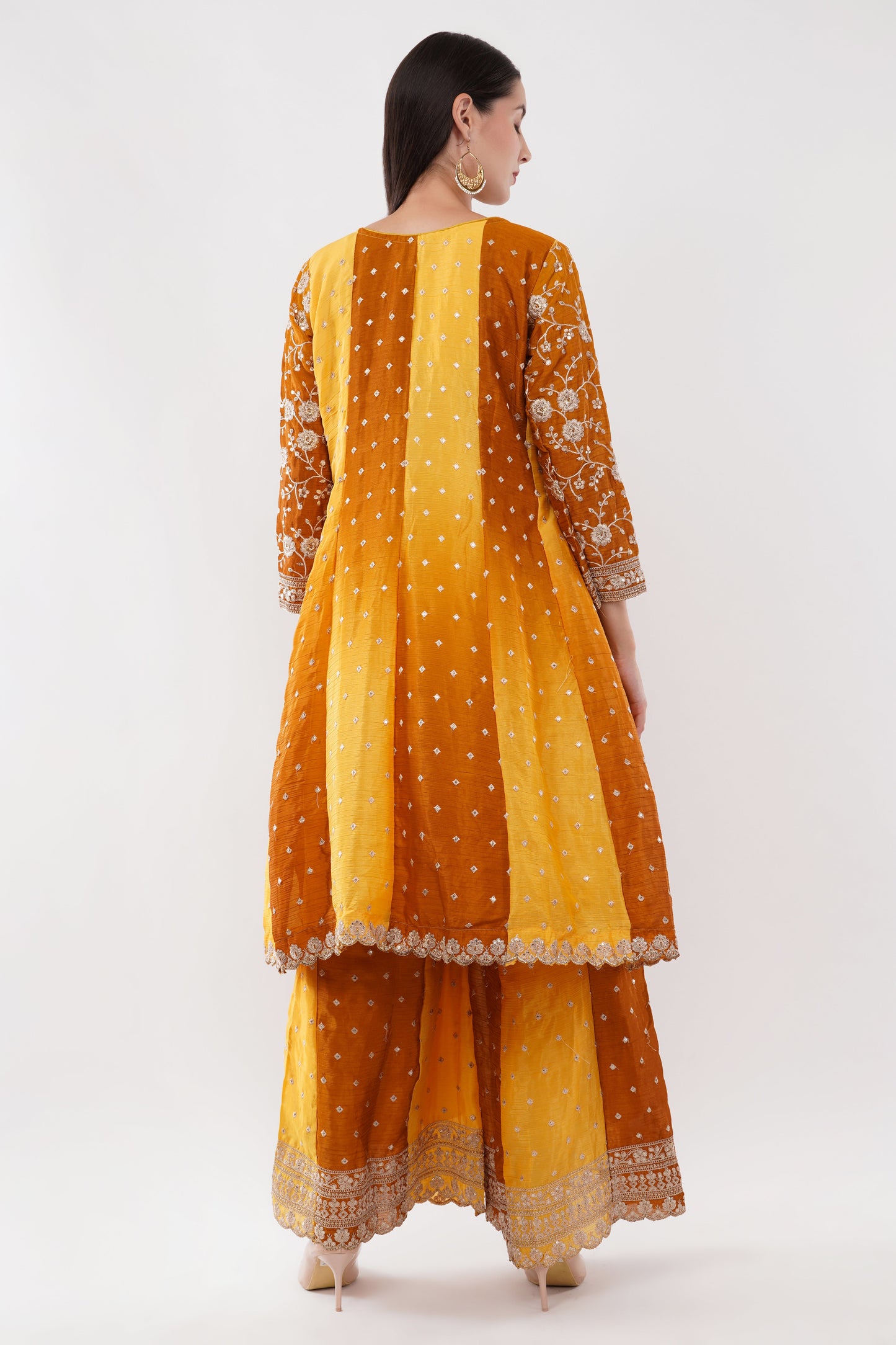 Mustard Chinon Fabric Embroidered Suit With Flared Pants & Dupatta - Set Of 3