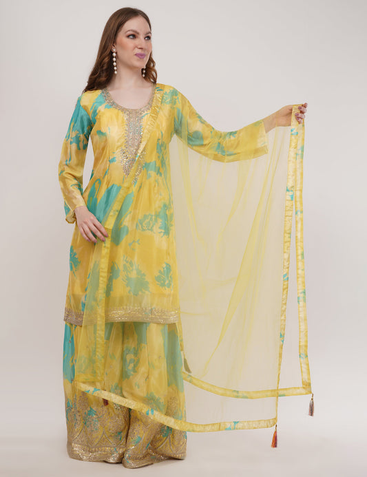 Mustard Printed Short Suit With Flared Sharara Pants & Dupatta - Set Of 3