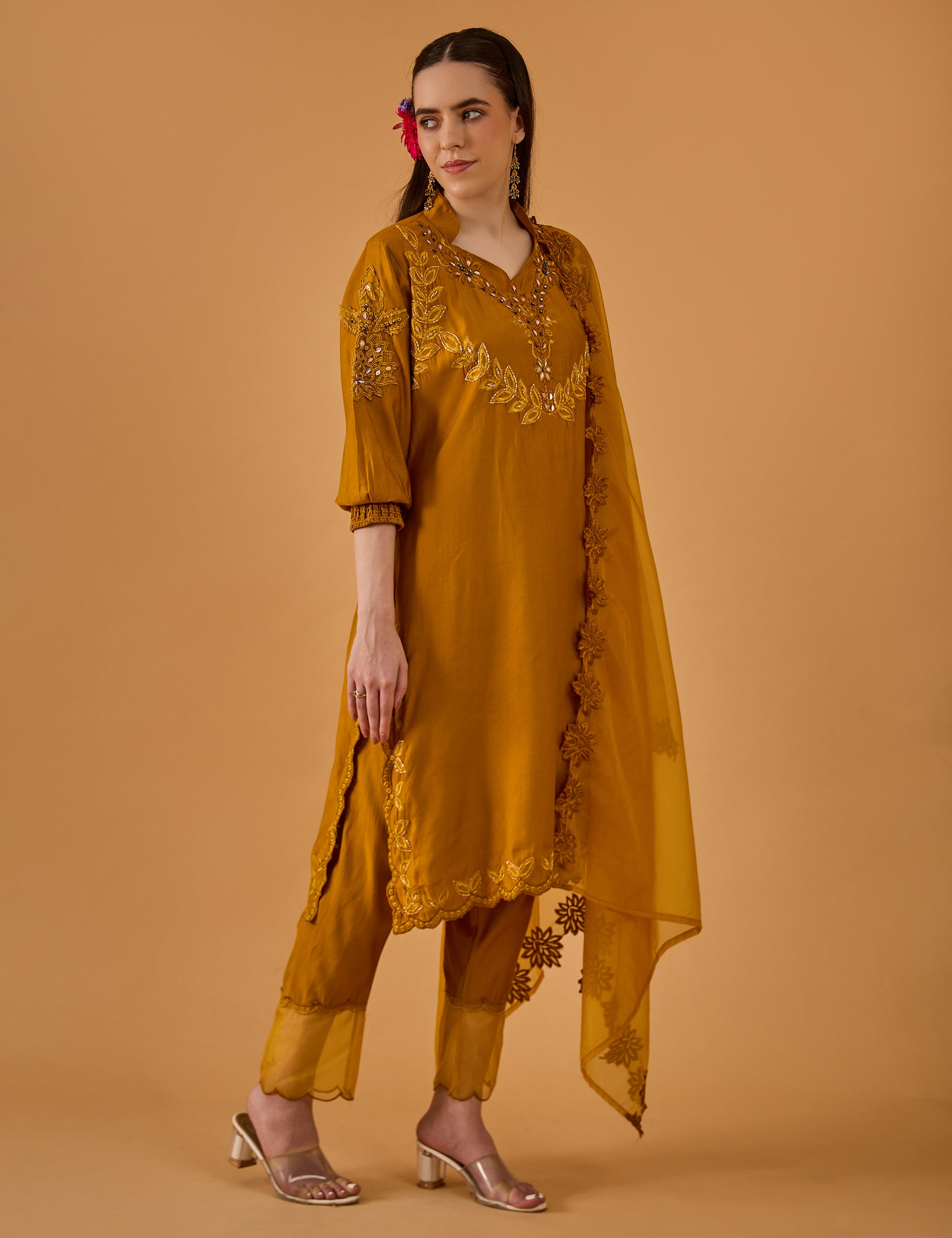 dhartii  Golden Mustard Embroidered Suit Set