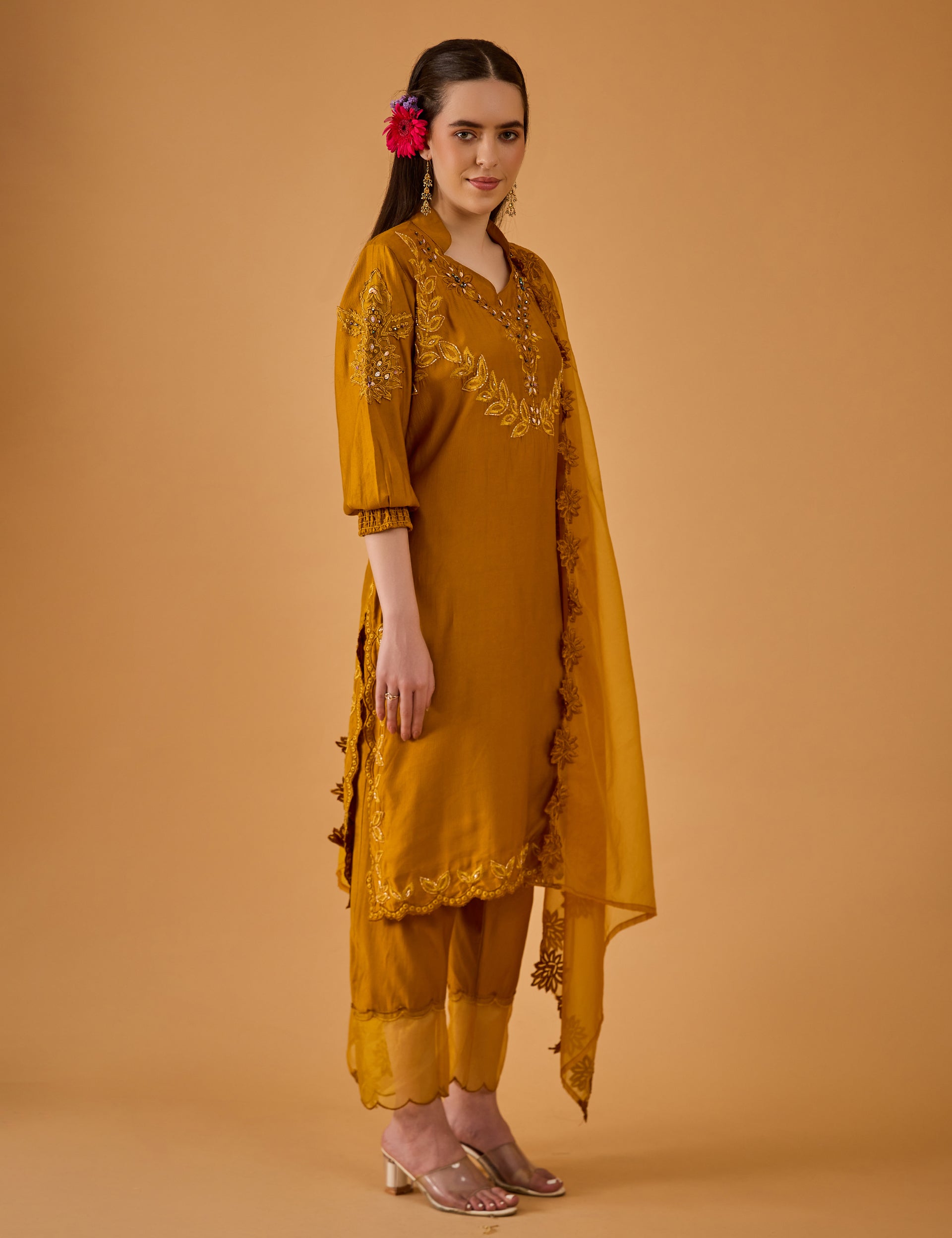 dhartii  Golden Mustard Embroidered Suit Set