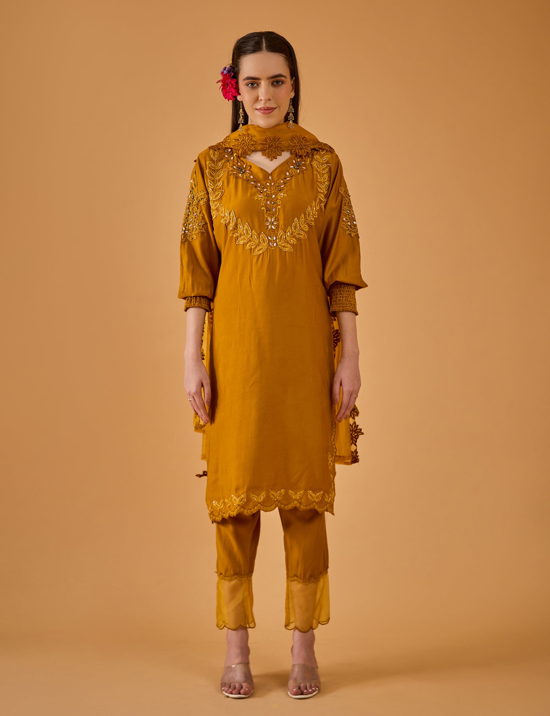 dhartii  Golden Mustard Embroidered Suit Set