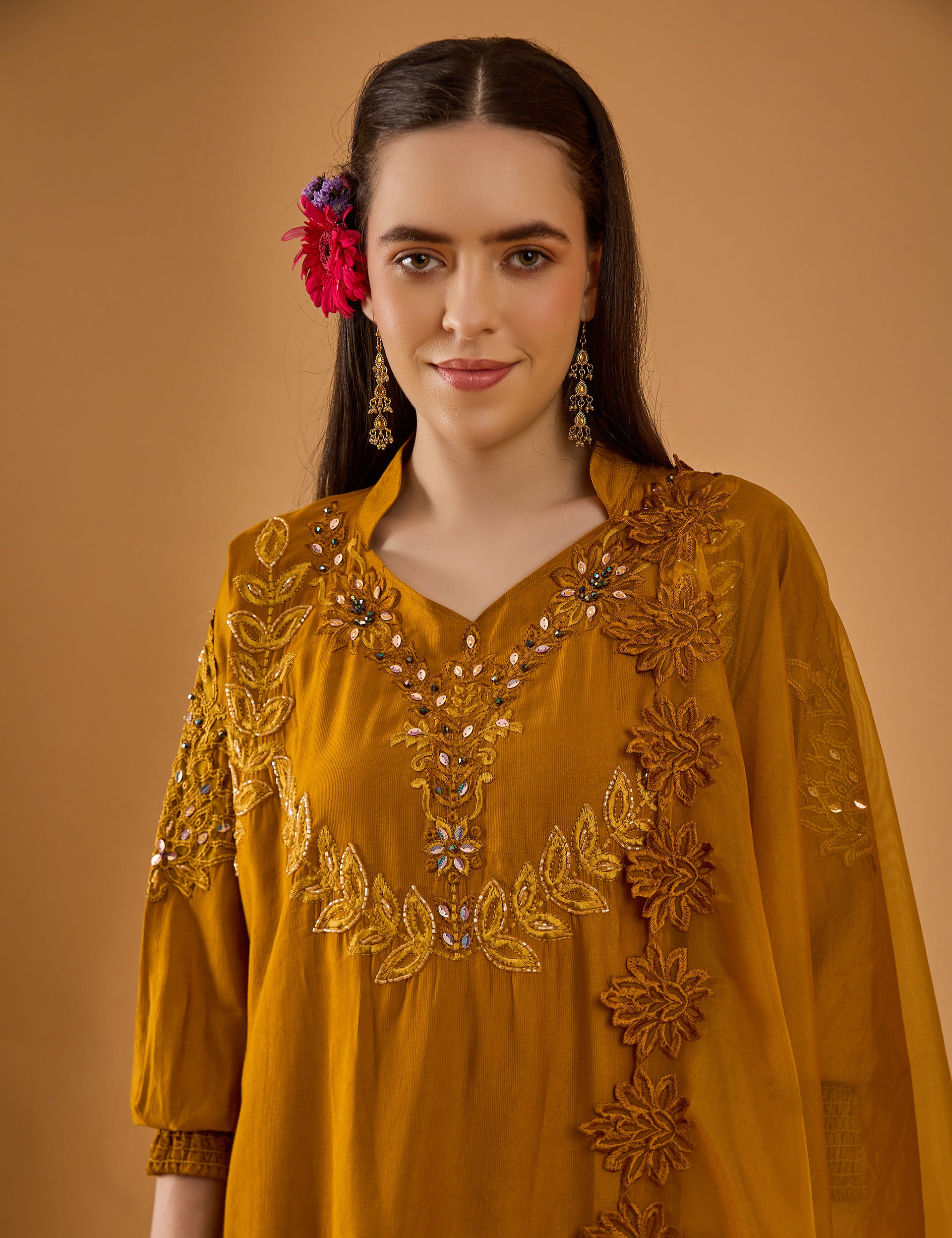dhartii  Golden Mustard Embroidered Suit Set