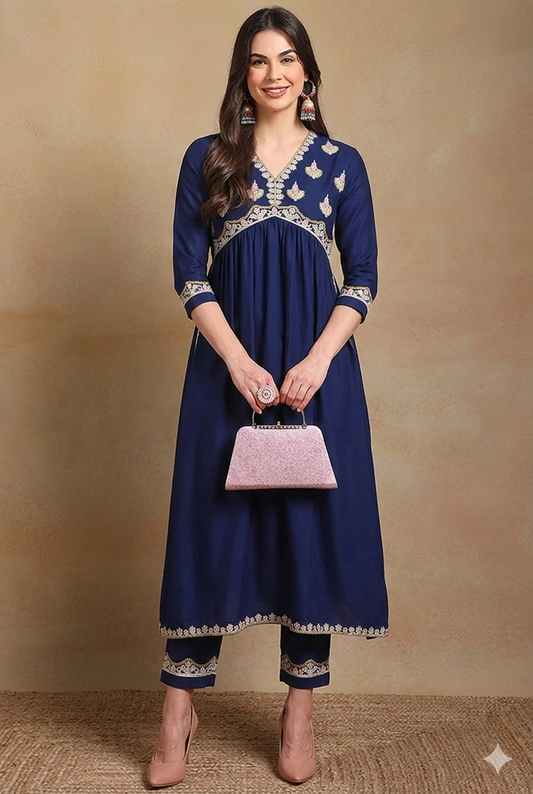 Navy Blue Silk Blend Solid Embroidered Flared Kurta Set