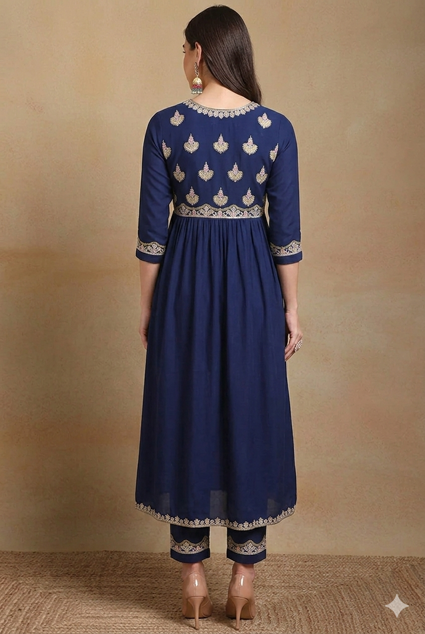 Navy Blue Silk Blend Solid Embroidered Flared Kurta Set