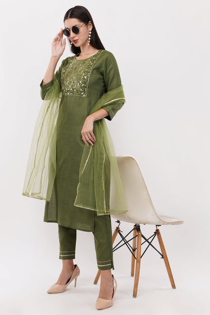 Olive Green Cotton Fabric Suit Set With Embroidered Yoke - Set Of 3