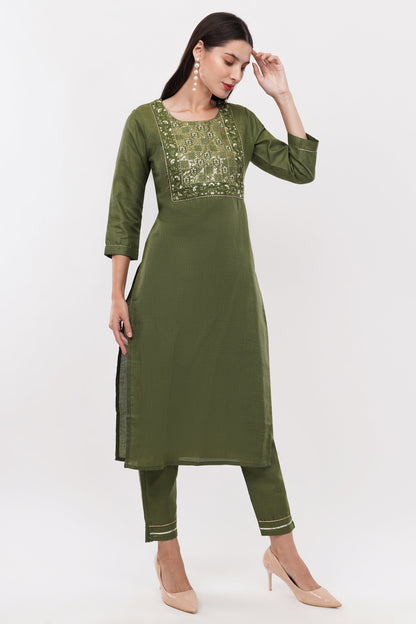 Olive Green Cotton Fabric Suit Set With Embroidered Yoke - Set Of 3