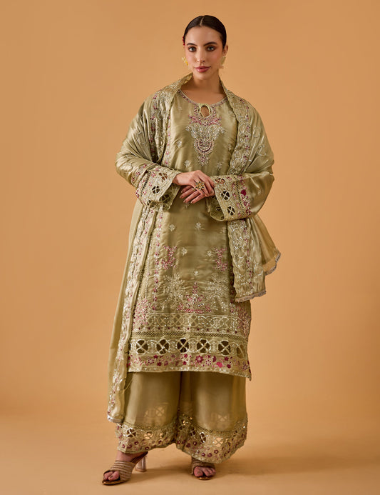 dhartii  Elegant Olive Green Embroidered Organza Sharara Suit Set