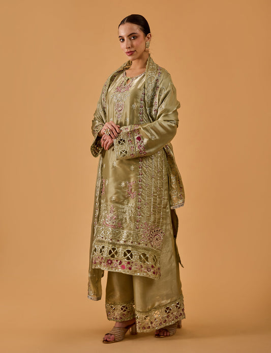 dhartii  Elegant Olive Green Embroidered Organza Sharara Suit Set