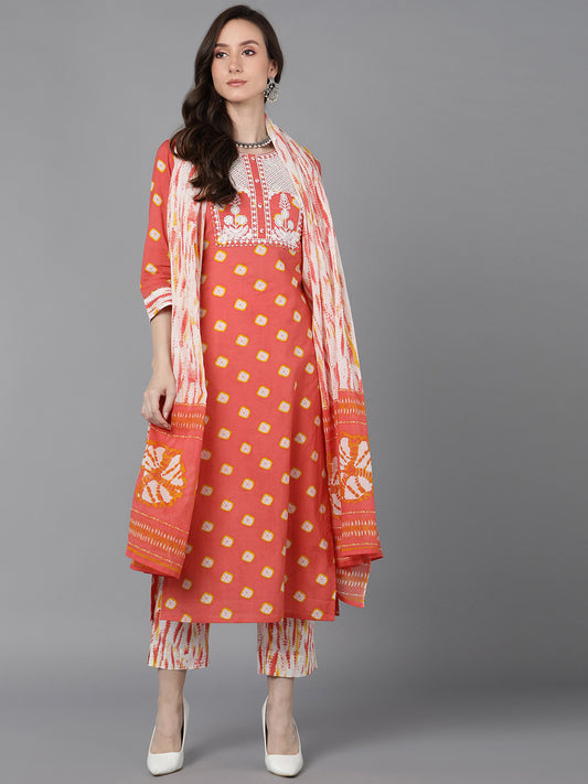 Orange Rayon Blend Bandhani Embroidered Straight Trouser Bottom Suit Set