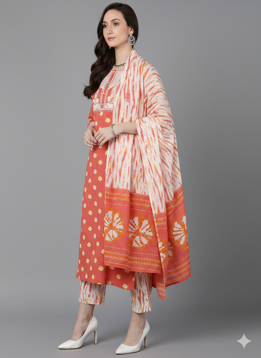 Orange Rayon Blend Bandhani Embroidered Straight Trouser Bottom Suit Set