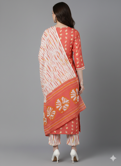 Orange Rayon Blend Bandhani Embroidered Straight Trouser Bottom Suit Set