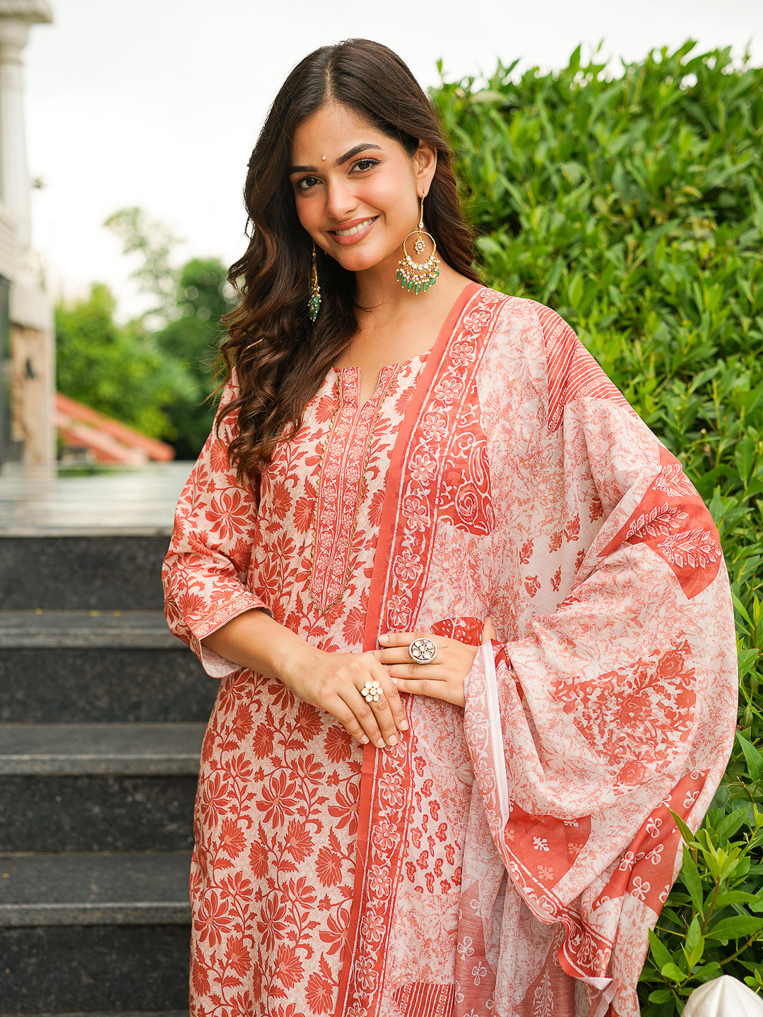 Orange Cotton Blend Floral Printed Straight Kurta Trousers With Dupatta