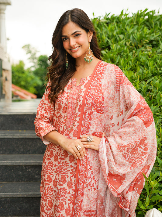 Orange Cotton Blend Floral Printed Straight Kurta Trousers With Dupatta