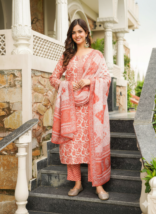 Orange Cotton Blend Floral Printed Straight Kurta Trousers With Dupatta
