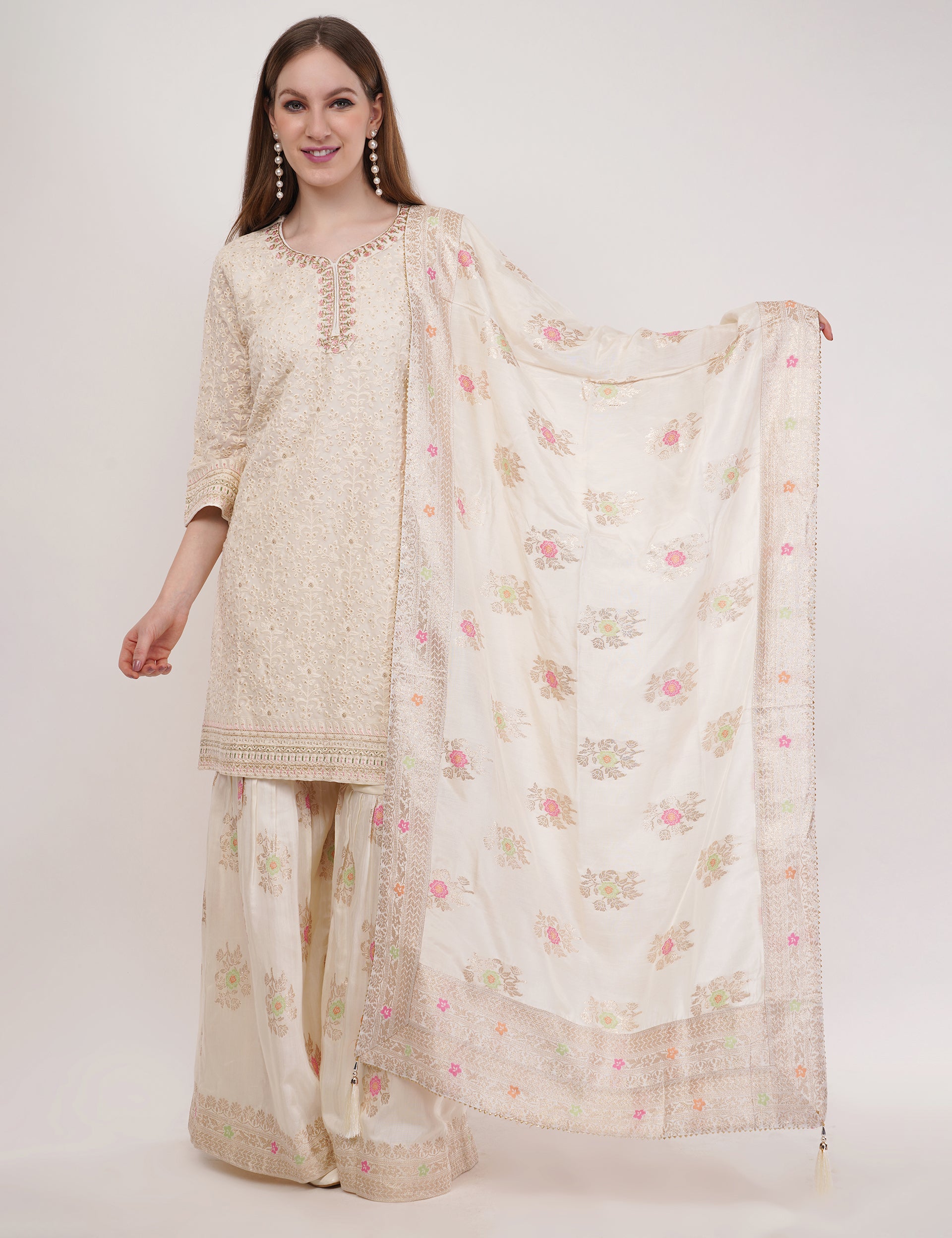 Off-White Embroidered Short Suit Set With Flared Sharara Pants - Set Of 3