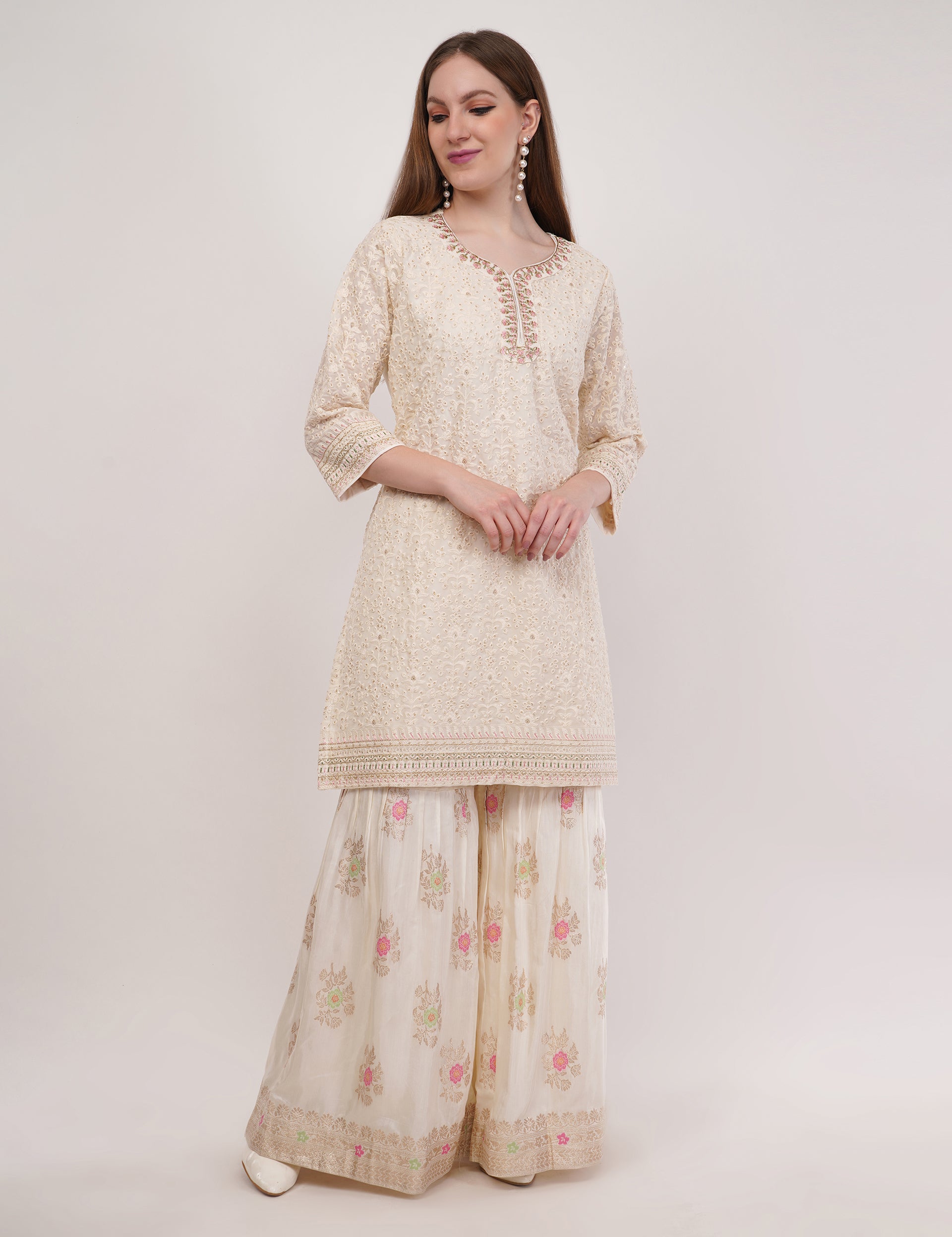 Off-White Embroidered Short Suit Set With Flared Sharara Pants - Set Of 3
