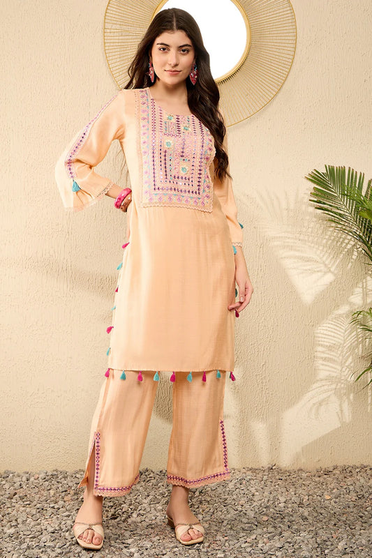 Peach Embroidered Viscose Rayon Straight Trouser Bottom Kurta Set