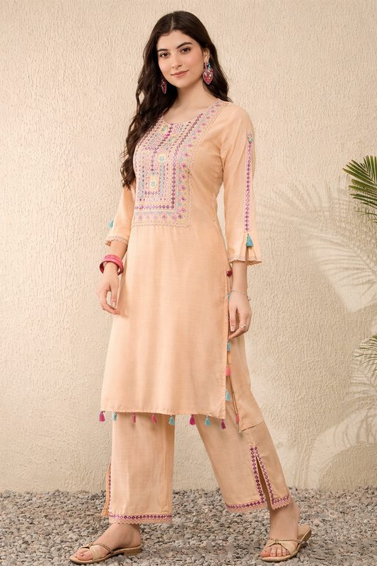 Peach Embroidered Viscose Rayon Straight Trouser Bottom Kurta Set