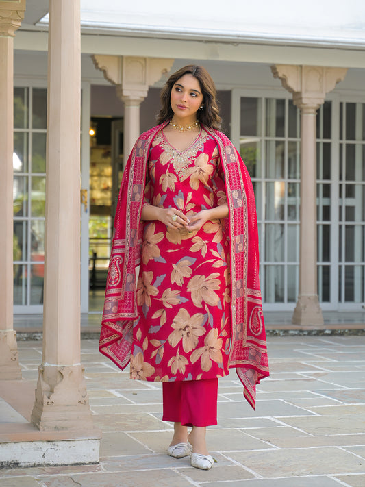 Pink Viscose Floral Embroidered Straight Kurta Trousers With Dupatta
