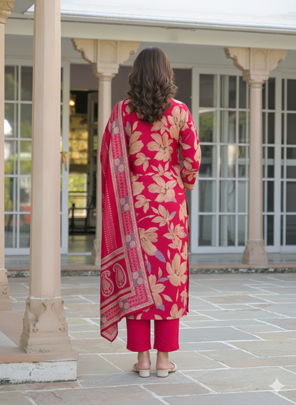 Pink Viscose Floral Embroidered Straight Kurta Trousers With Dupatta