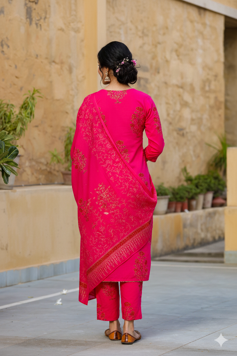 Pink Cotton Straight Suit Set with floral Prints
