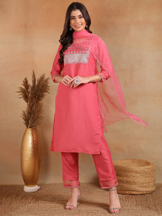 Pink Poly Silk Solid Sequin Straight Suit Set