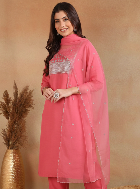 Pink Poly Silk Solid Sequin Straight Suit Set