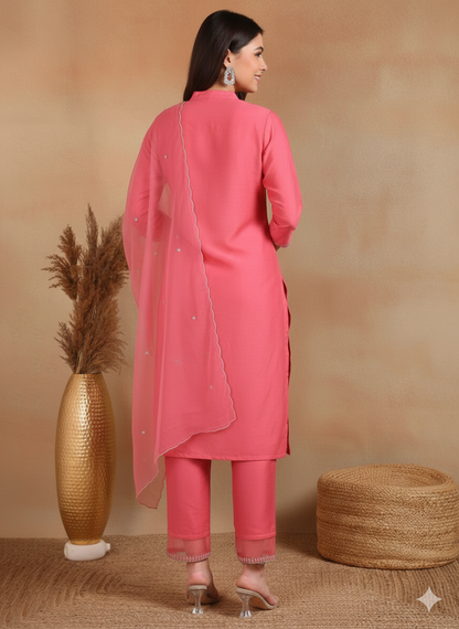 Pink Poly Silk Solid Sequin Straight Suit Set