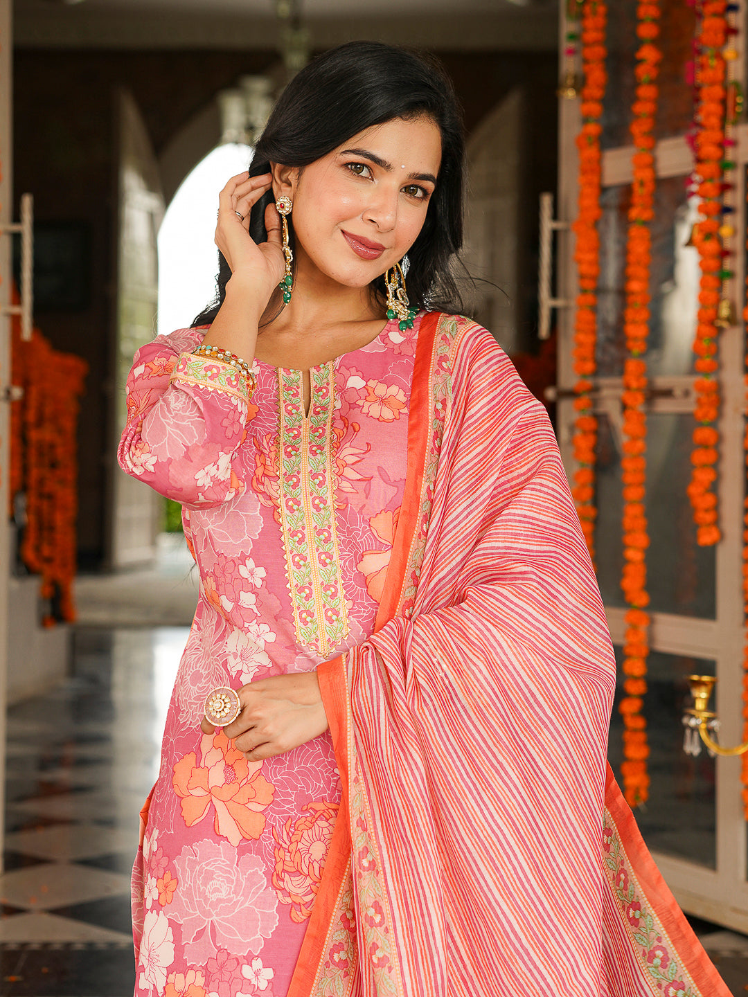 Pink Cotton Blend Floral Printed Straight Kurta Trousers With Dupatta