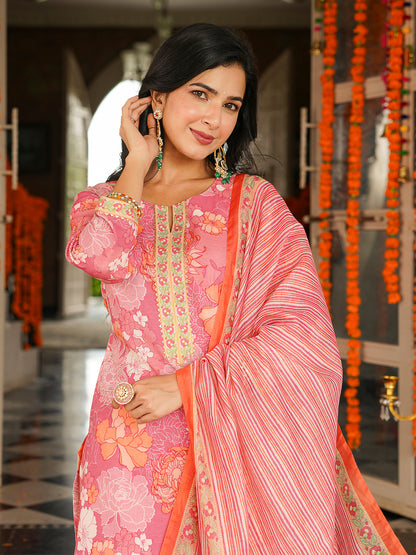 Pink Cotton Blend Floral Printed Straight Kurta Trousers With Dupatta
