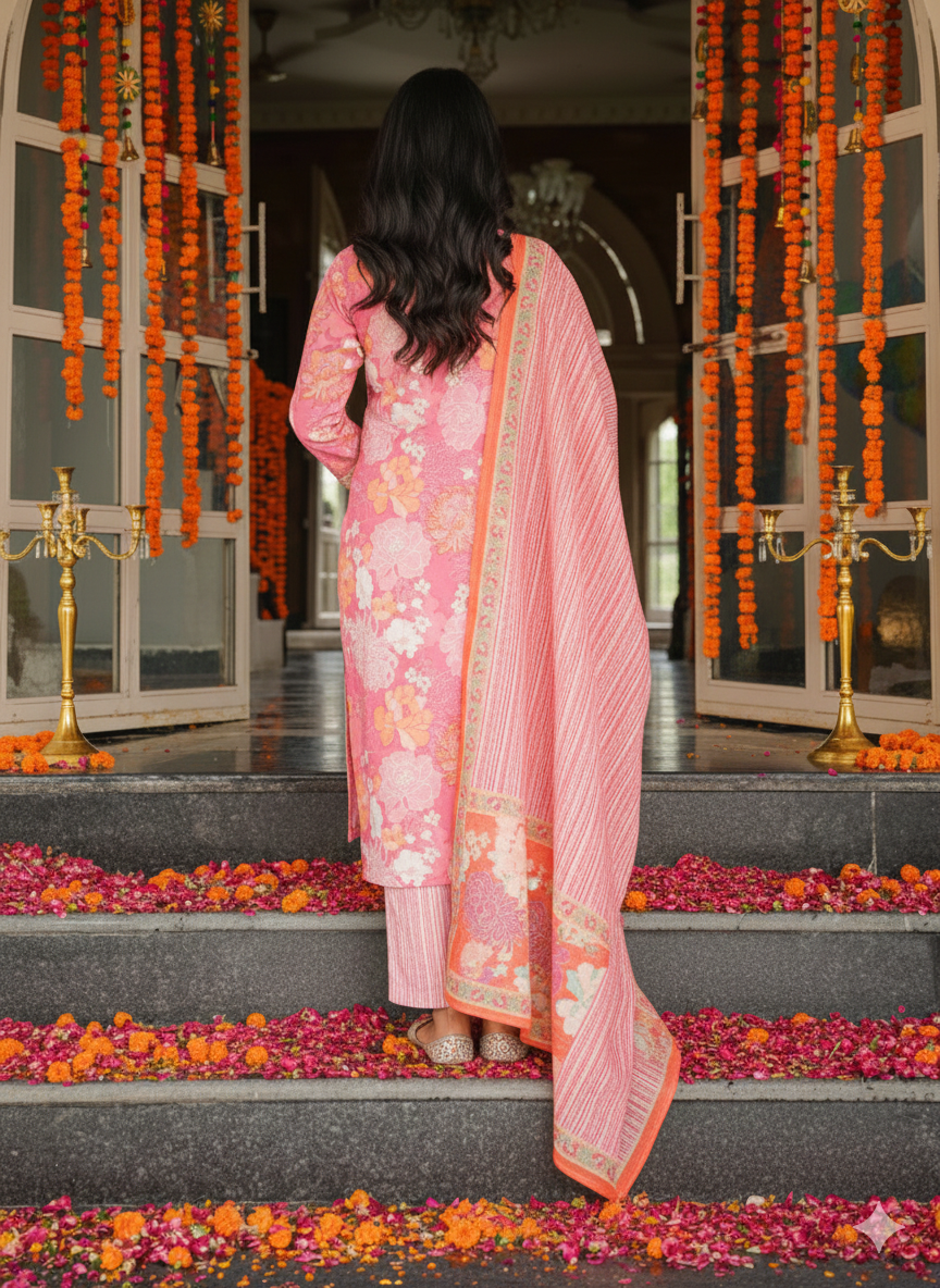 Pink Cotton Blend Floral Printed Straight Kurta Trousers With Dupatta