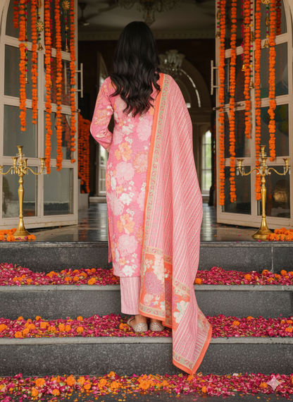 Pink Cotton Blend Floral Printed Straight Kurta Trousers With Dupatta