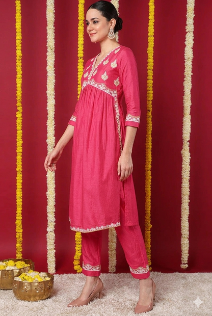 Pink Silk Blend Solid Embroidered Flared Kurta Set