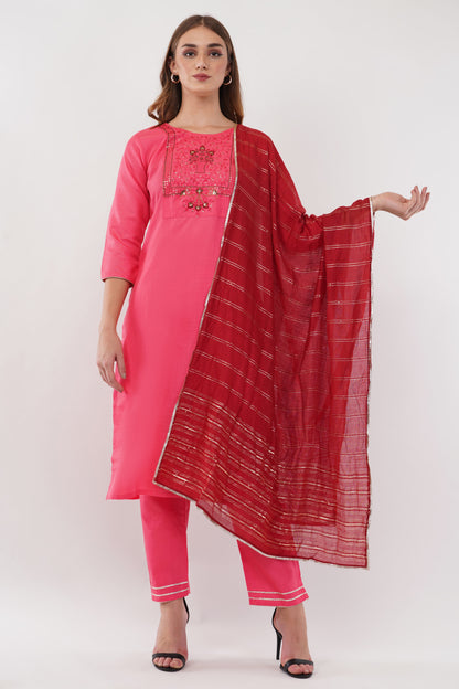 Pink Cotton Suit Set With Embroidered Yoke - Set Of 3