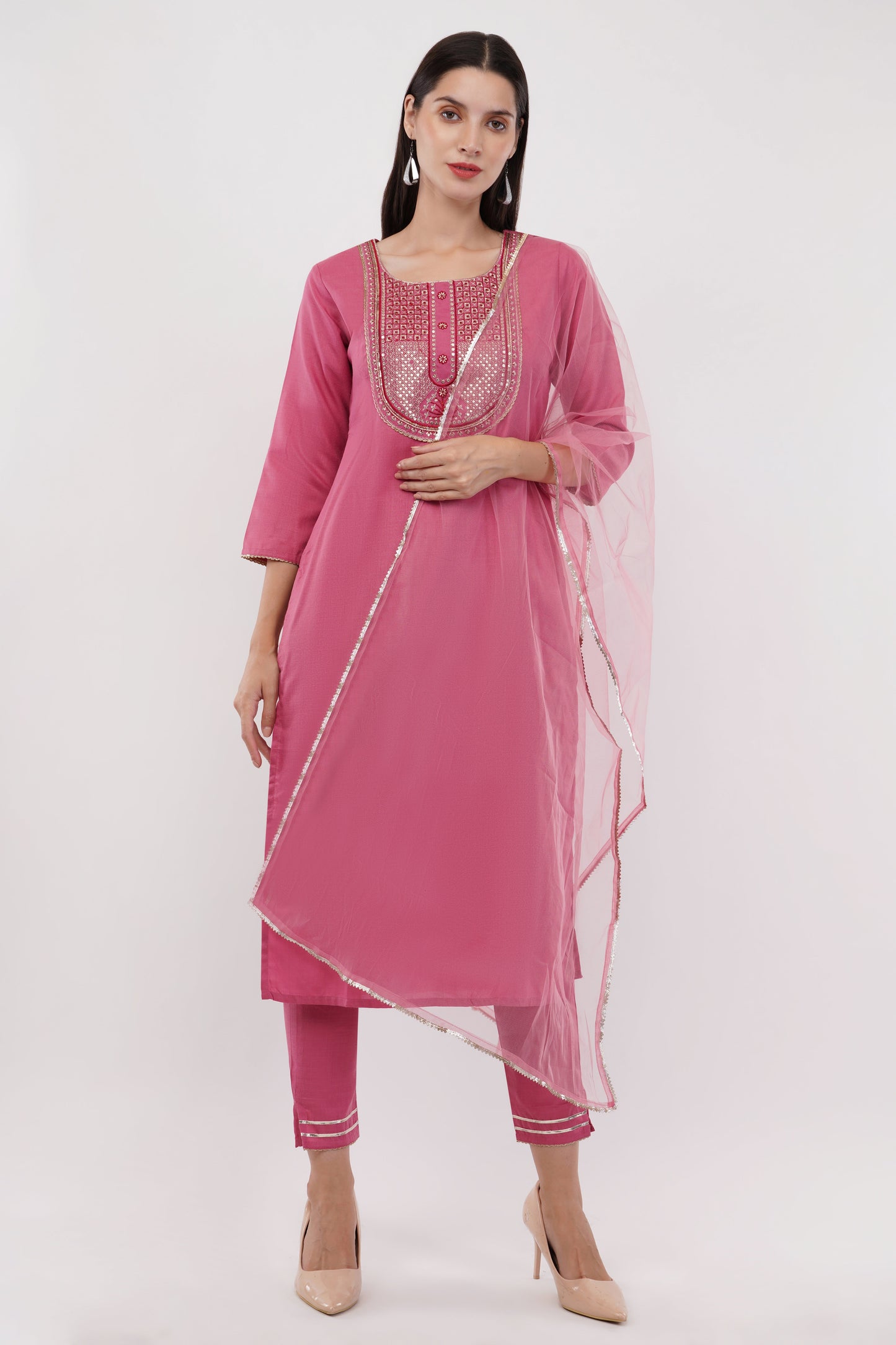 Pink Cotton Fabric Suit Set With Embroidered Yoke - Set Of 3