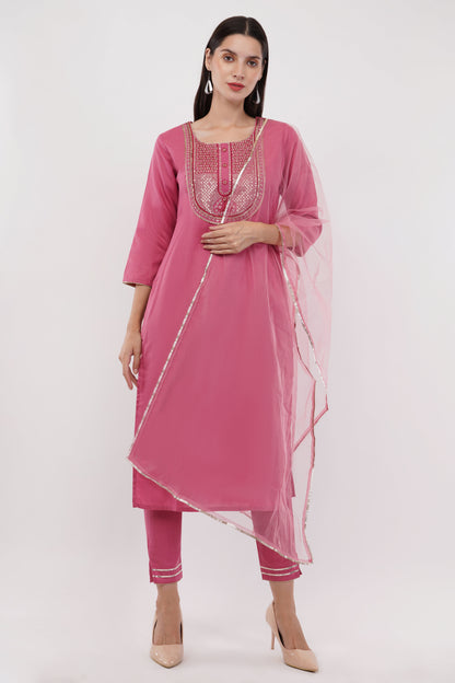 Pink Cotton Fabric Suit Set With Embroidered Yoke - Set Of 3
