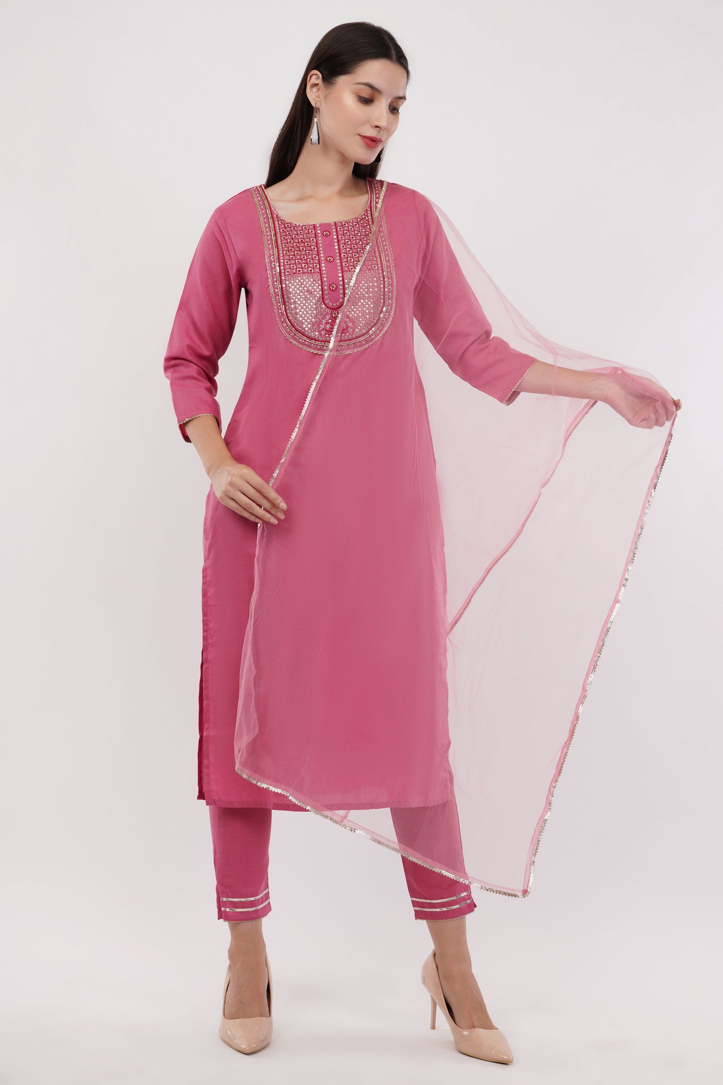 Pink Cotton Fabric Suit Set With Embroidered Yoke - Set Of 3