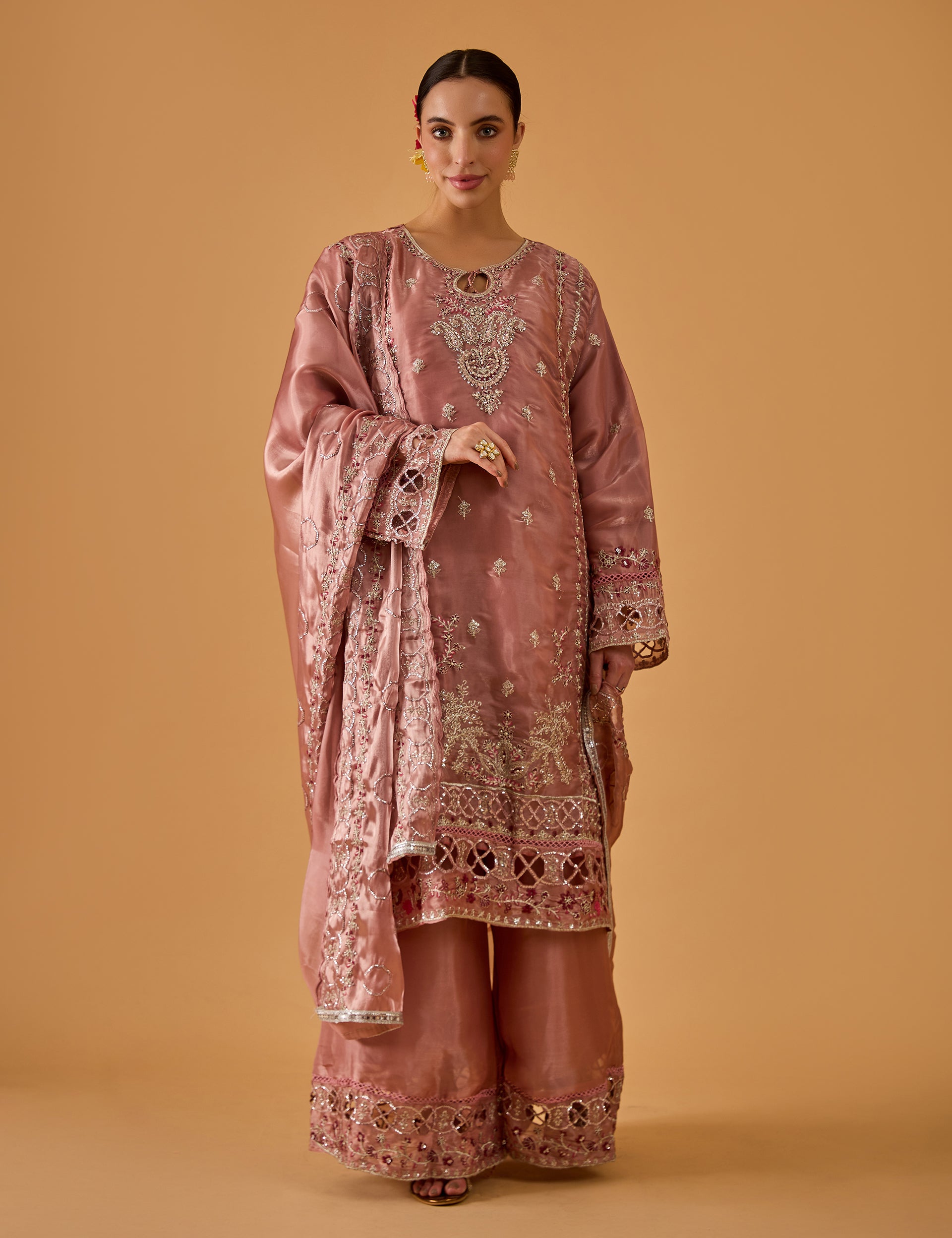 dhartii  Elegant blush Pink Embroidered Organza ShararaSet