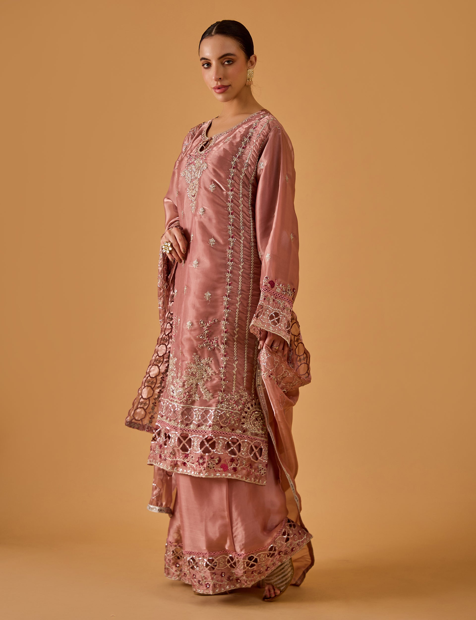 dhartii  Elegant blush Pink Embroidered Organza ShararaSet