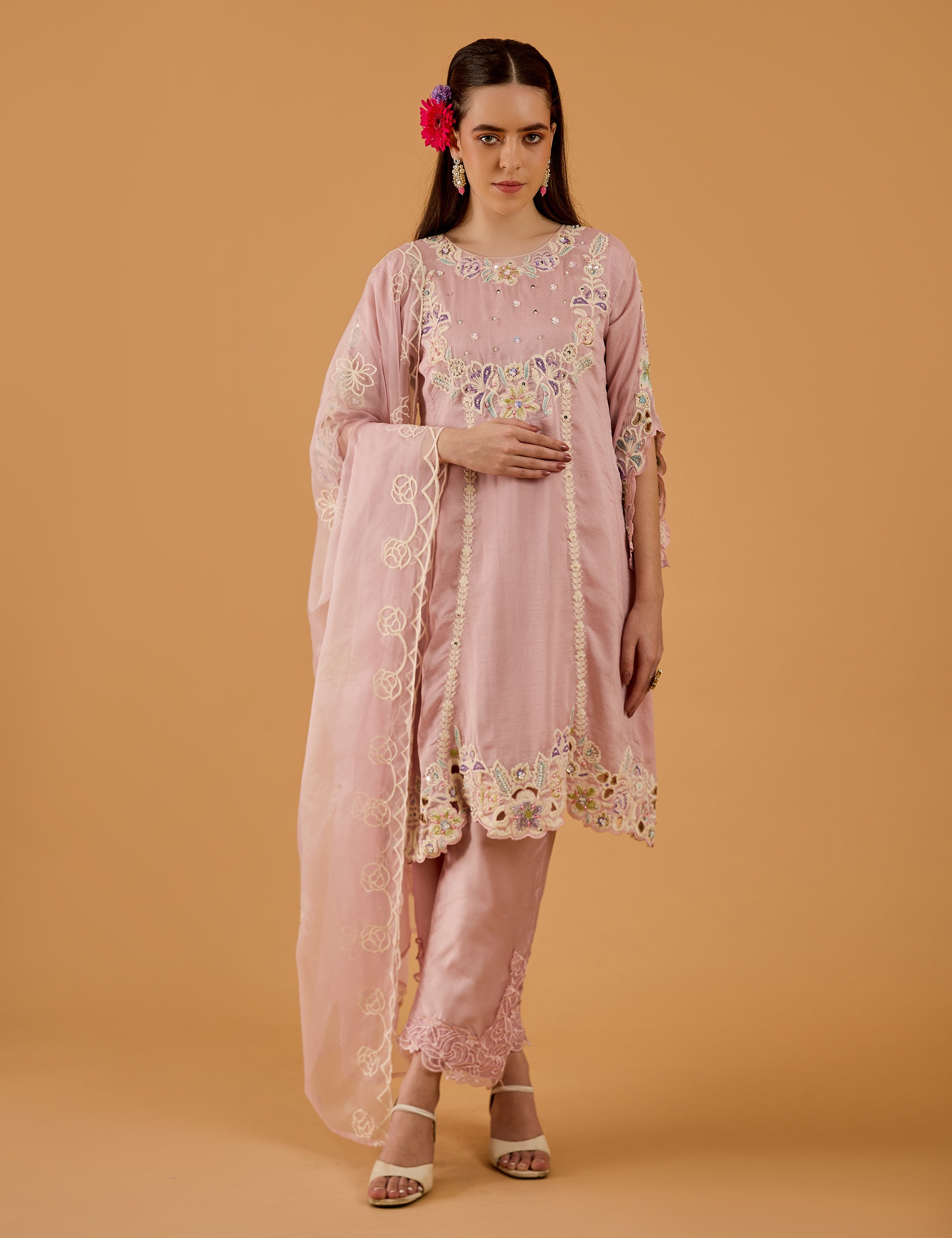 dhartii  Lilac Pink Radiant Embroidered Chinnon Kurta Set