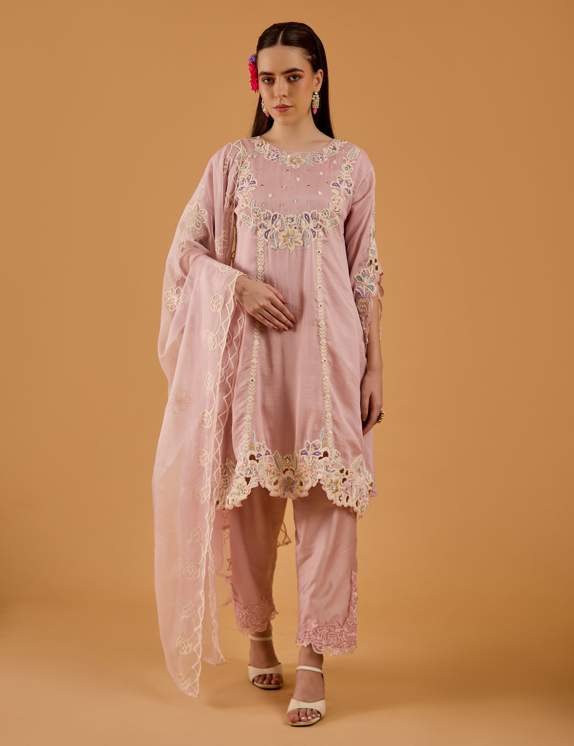 dhartii  Lilac Pink Radiant Embroidered Chinnon Kurta Set